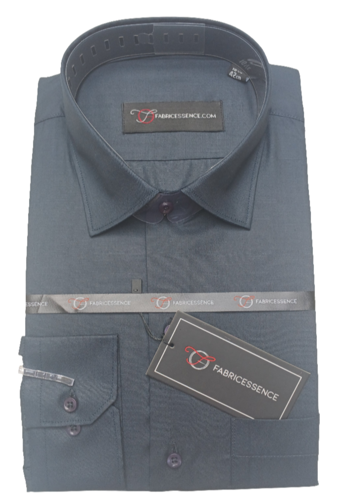Folded dark gray shirt with 'Fabricessence' label on a white background