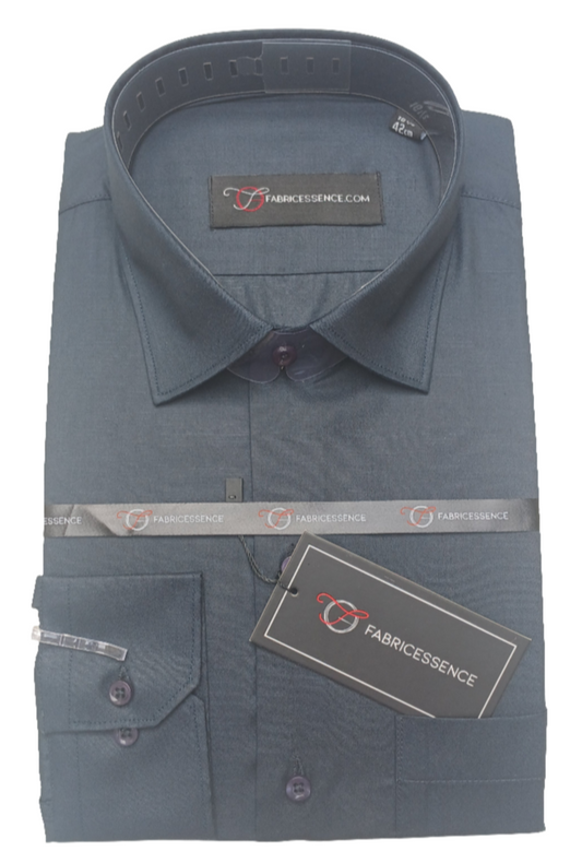 Folded dark gray shirt with 'Fabricessence' label on a white background