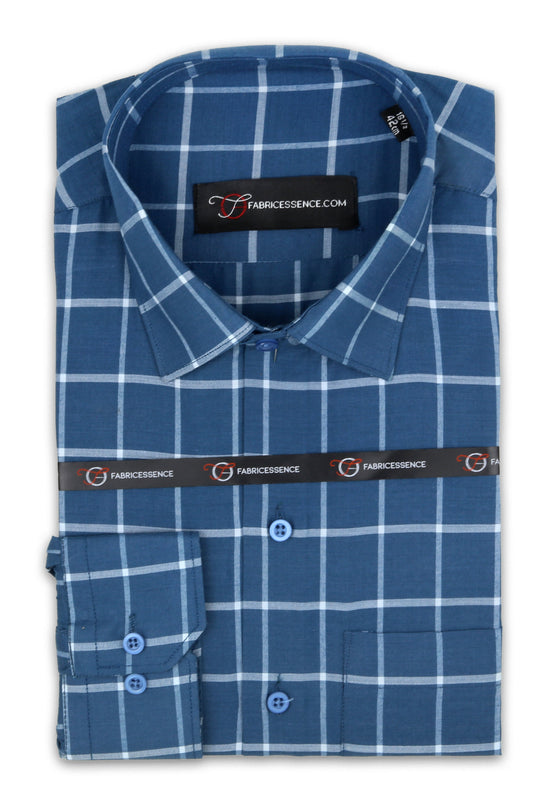 Blue checkered shirt with Fabric Essence label on a white background