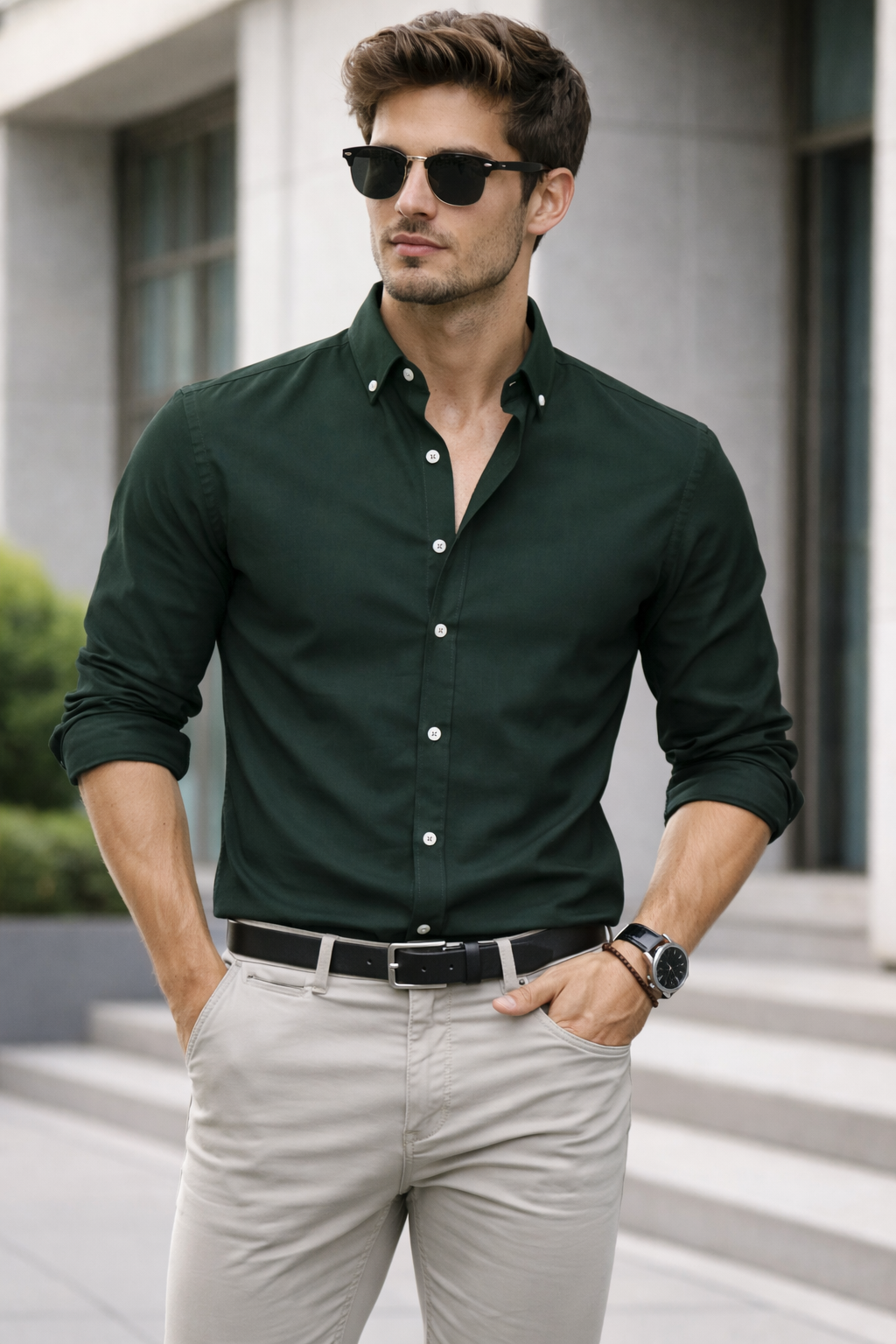 Slim Fit - Chambray Trendy Casual Shirt || Green | Pakistan online