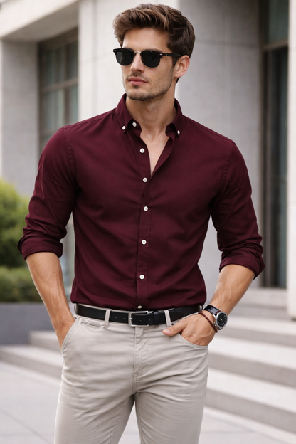 Slim Fit - Chambray Trendy Casual Shirt || Maroon | Pakistan online